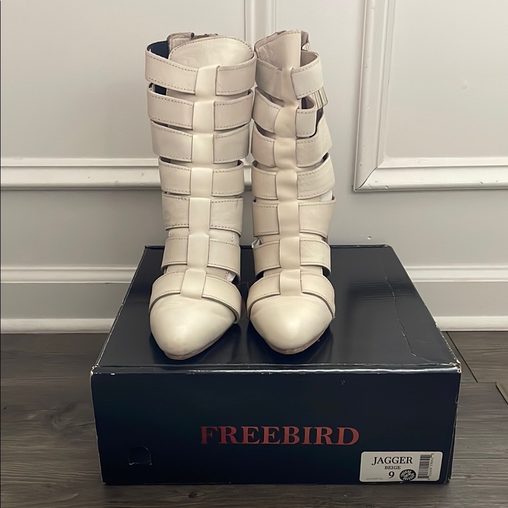 Freebird Cream Heeled Boots with Buckle Straps